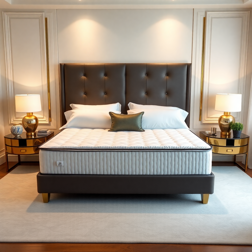 luxury bedroom with premium mattress topper, elegant gold accents, hotel-style bedding, soft lighting
